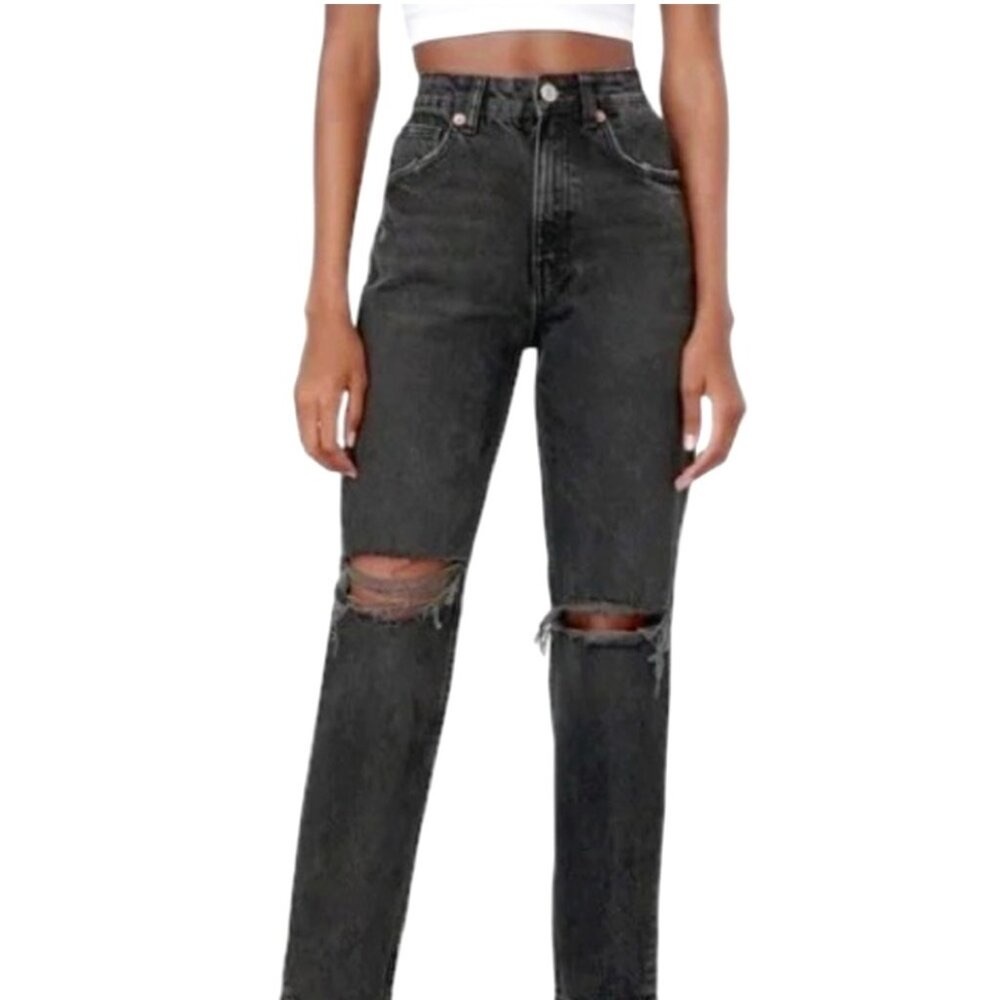 ZARA High Rise Ripped Knee Mom Jeans, Black US 0 Short